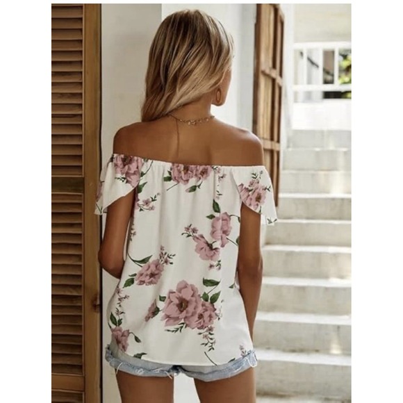 Shein Flower White & Pink Off The Shoulder Small (S)‎ (4) Blouse Short Sleeve - Picture 4 of 10
